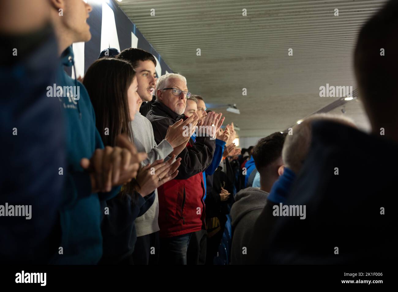 Rangers FC fans hold a minute’s applause as a mark of respect for the recently deceased Queen Elizabeth II’s 70-years on the throne, during a game against Dundee United inside Ibrox Stadium, in Glasgow Scotland, 17 September 2022. Stock Photo