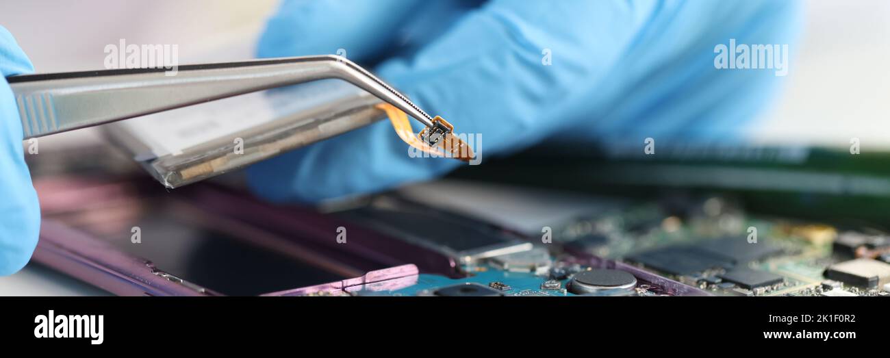 Master repairman inserting microchip into mobile phones closeup Stock Photo