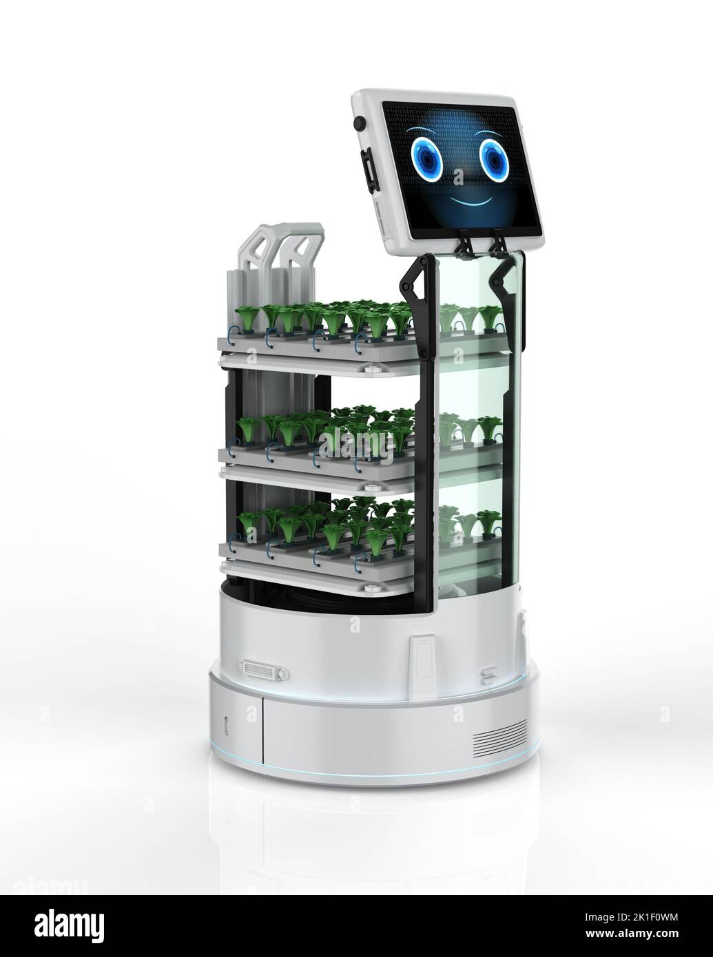 Agriculture technology with 3d rendering robot assistant in light growth indoor farm Stock Photo