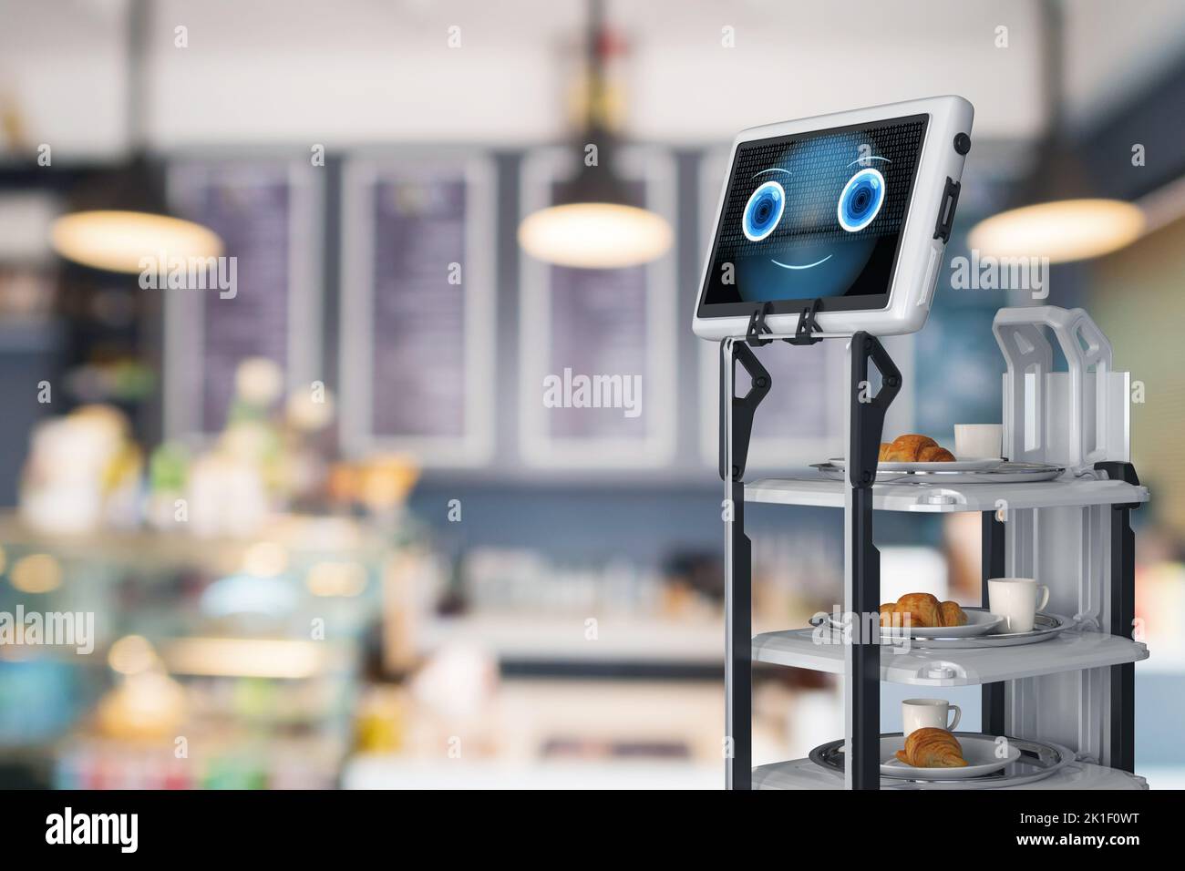 Automation cafe with 3d rendering robotic assistant or service robot serve food Stock Photo
