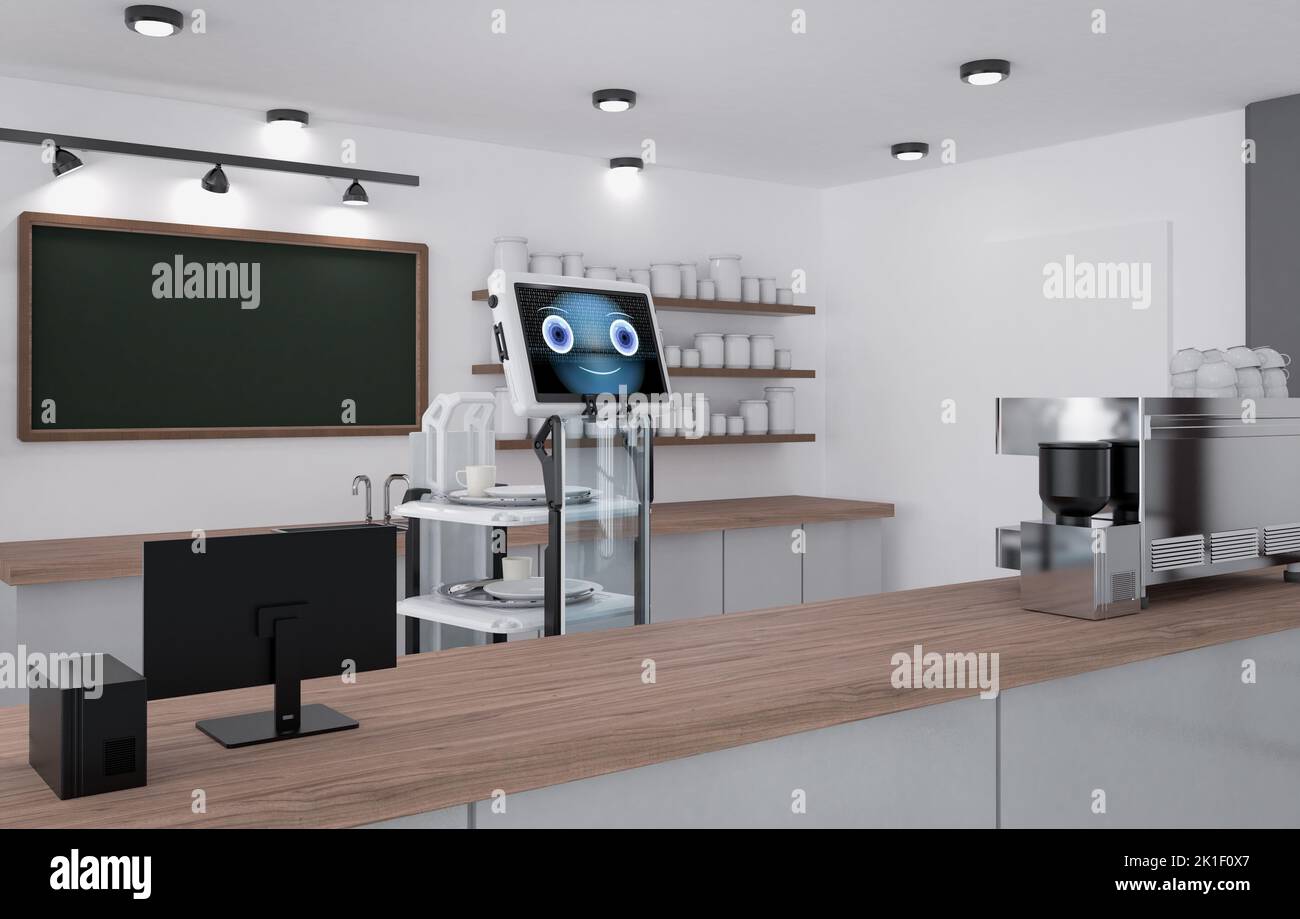 Automation cafe with 3d rendering robotic assistant or service robot serve food Stock Photo
