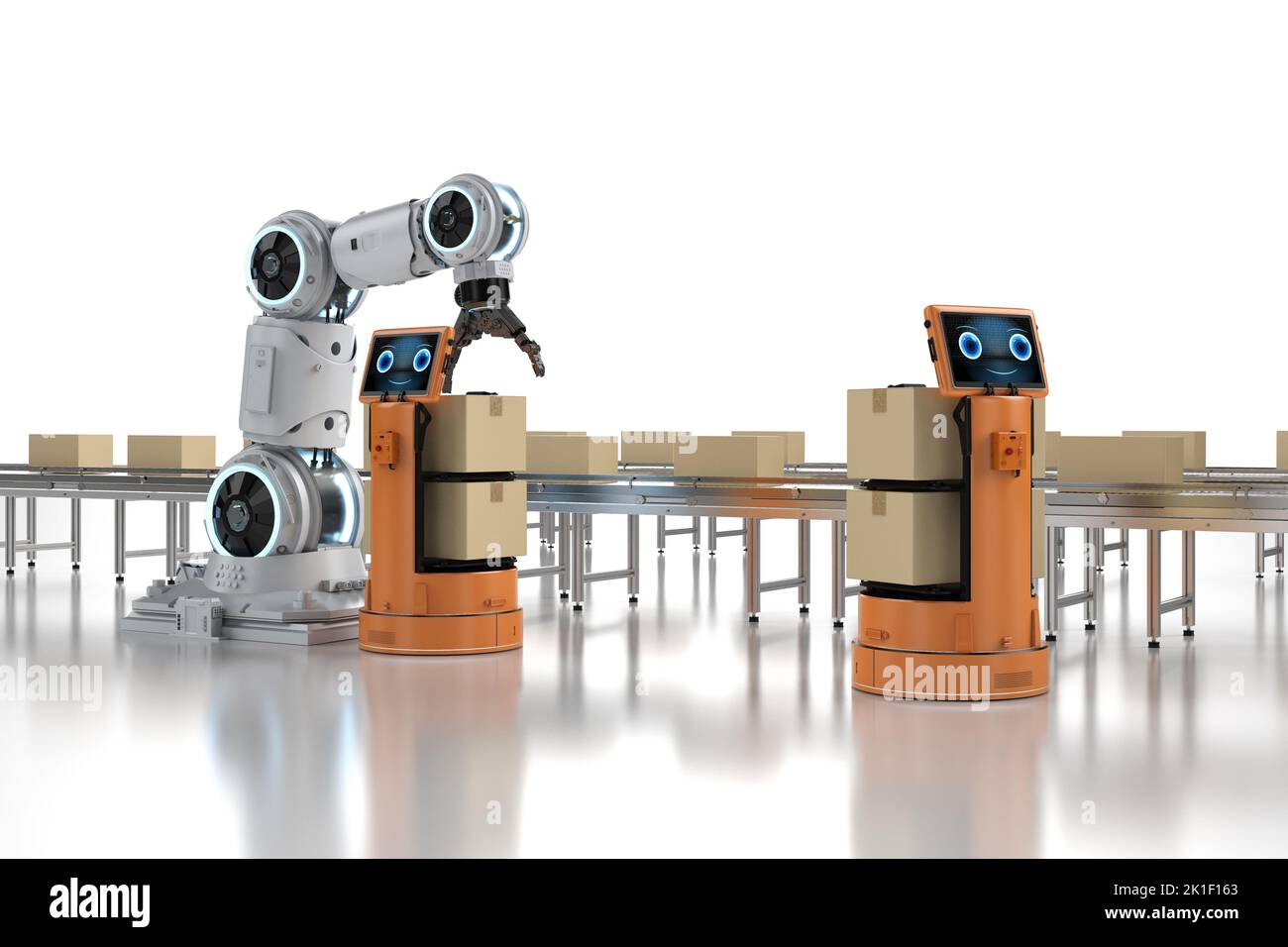 Automation factory concept with 3d rendering robot arm with warehouse robot and conveyor belt Stock Photo