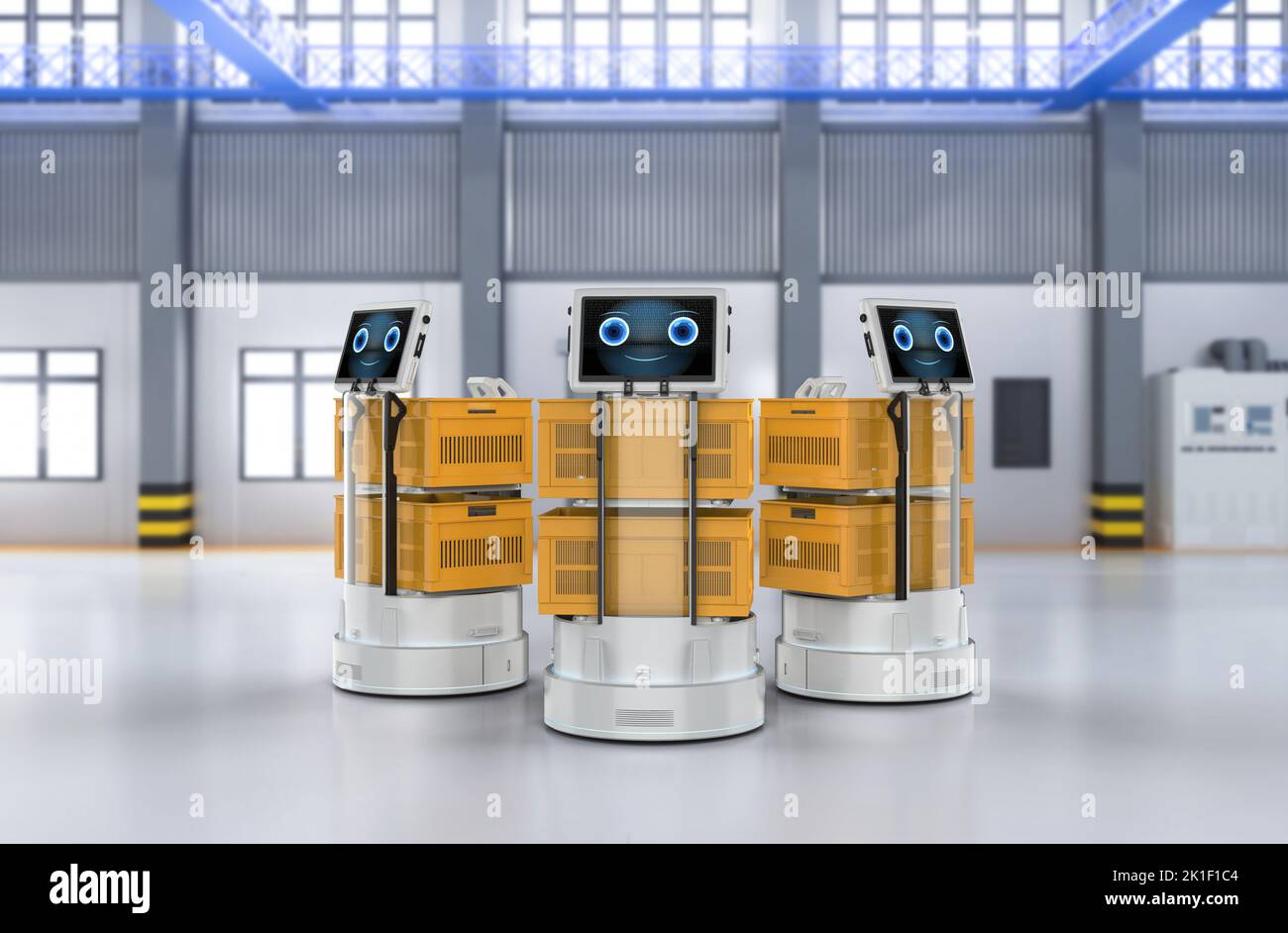 3d rendering warehouse robot or robotic assistant carry boxes Stock Photo