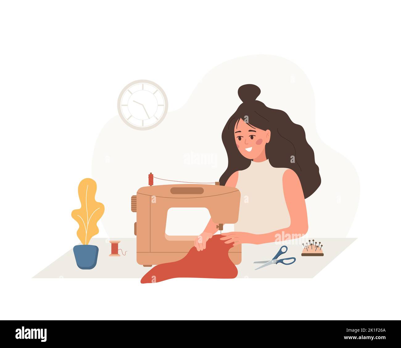 Woman seamstress at sewing machine sews clothes. Young female tailor create clothes in studio. Fashion designer or dressmaker. Vector illustration in Stock Vector