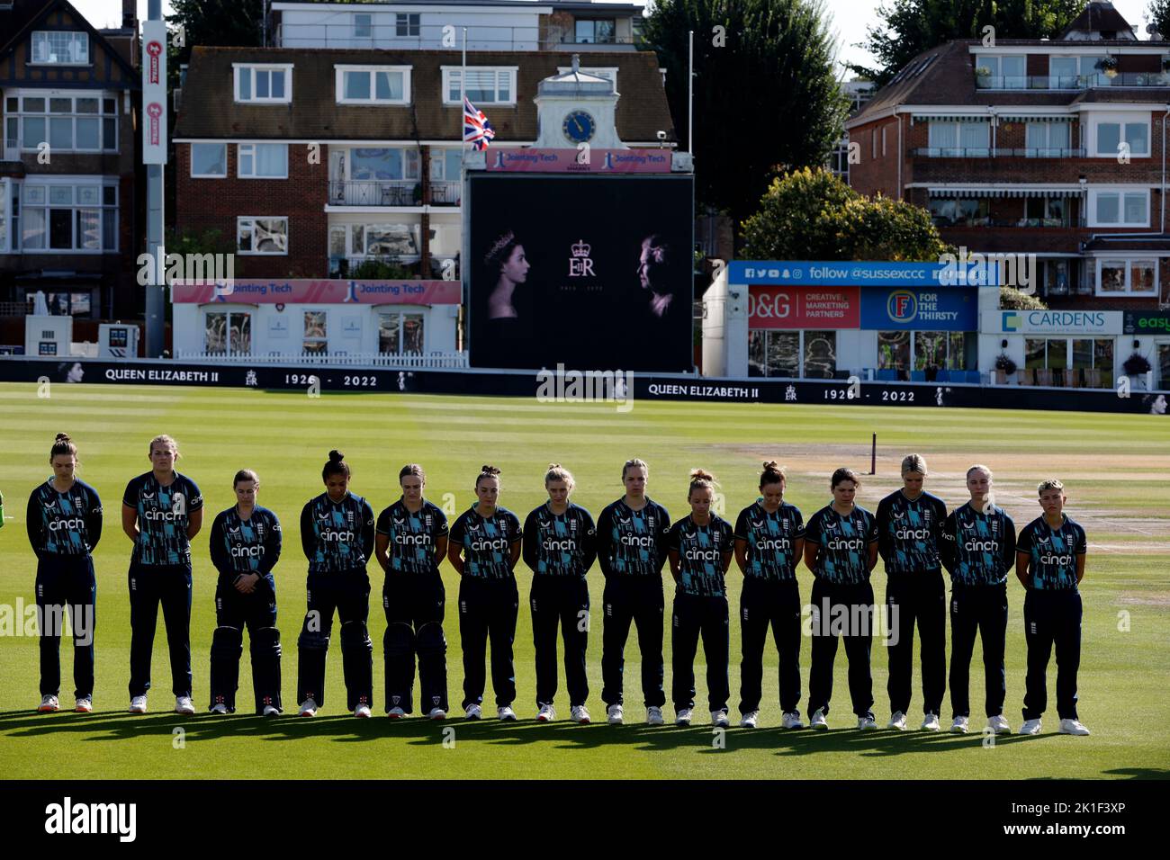 England players standing during the minutes silence for the passing of Queen Elizabeth II during the first One Day International match at The 1st Central County Ground, Hove. Picture date: Sunday September 18, 2022. Stock Photo