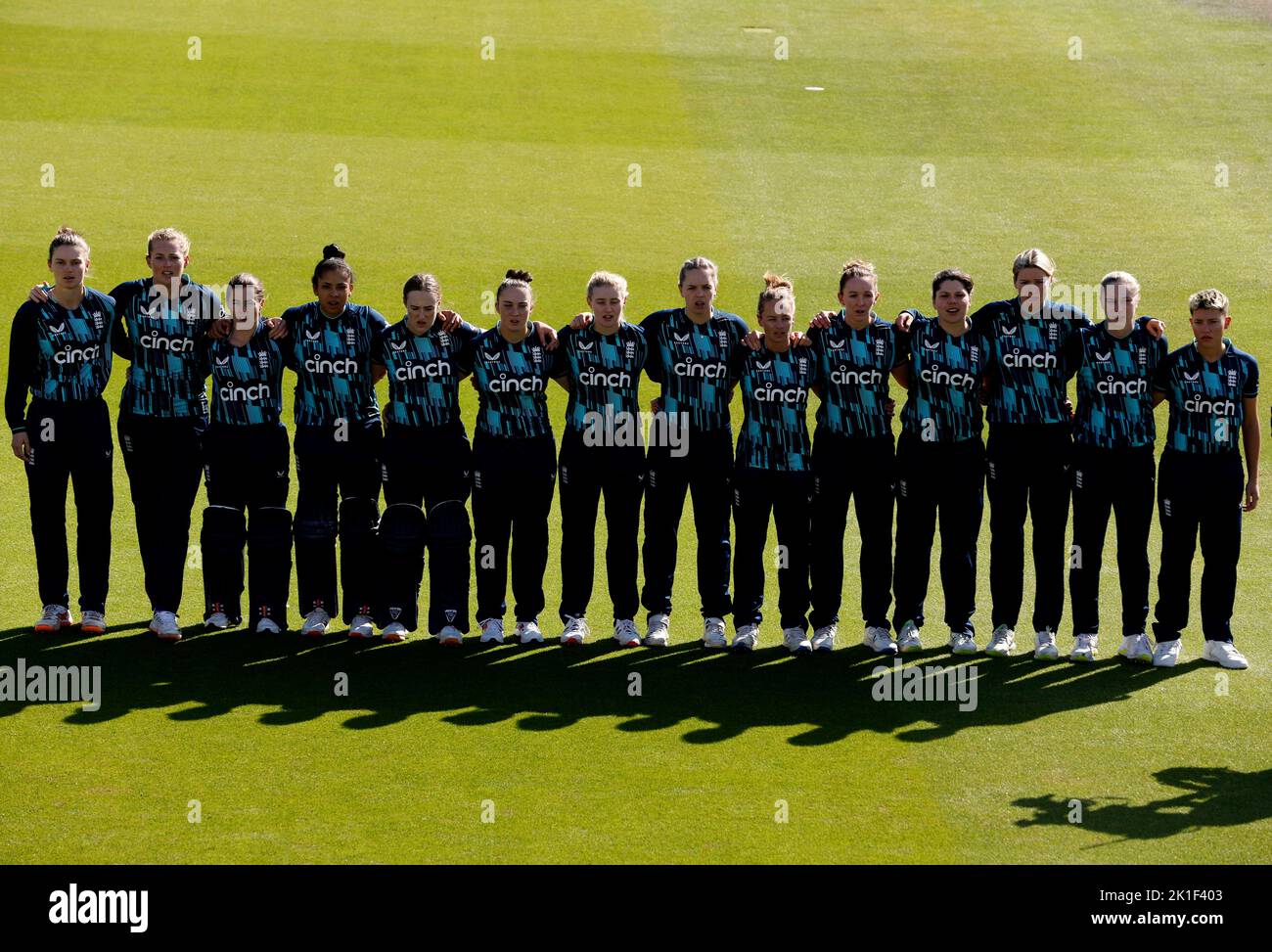 England players standing during the minutes silence for the passing of Queen Elizabeth II during the first One Day International match at The 1st Central County Ground, Hove. Picture date: Sunday September 18, 2022. Stock Photo