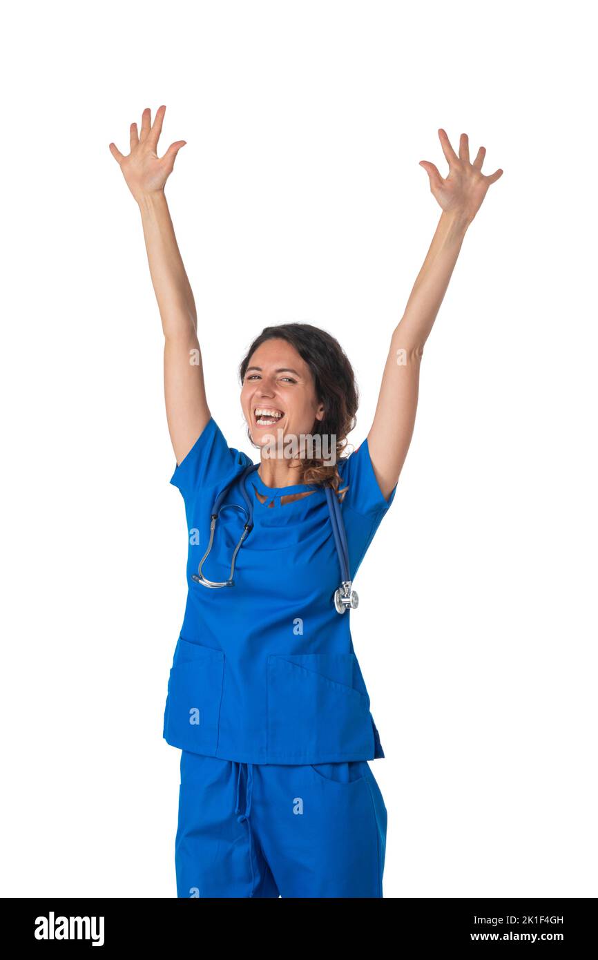 Young female medical nurse healthcare worker with raised arms isolated on white background studio portrait Stock Photo