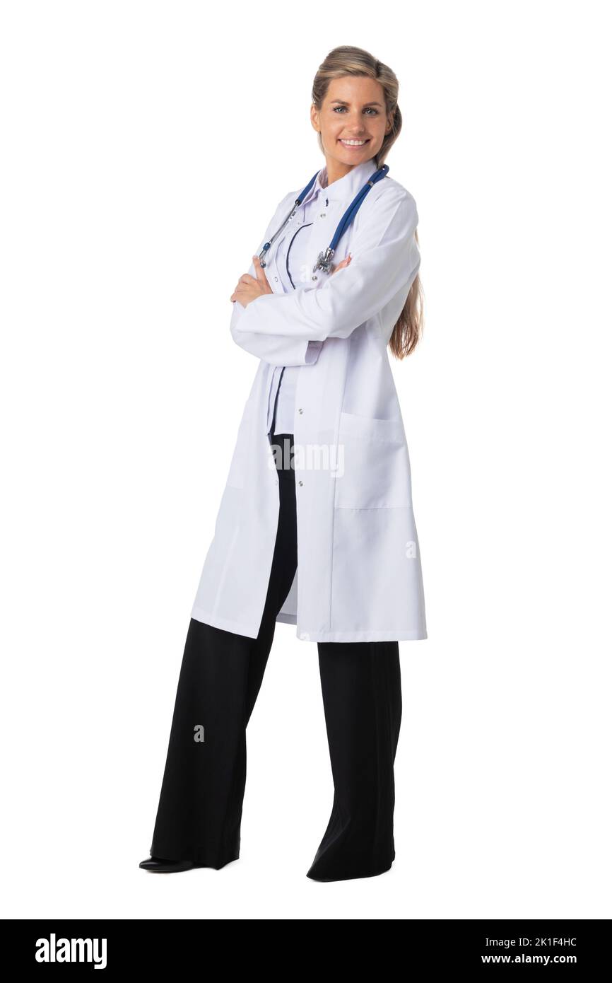 A full-length shot of a Young doctor woman with arms crossed over isolated white background Stock Photo