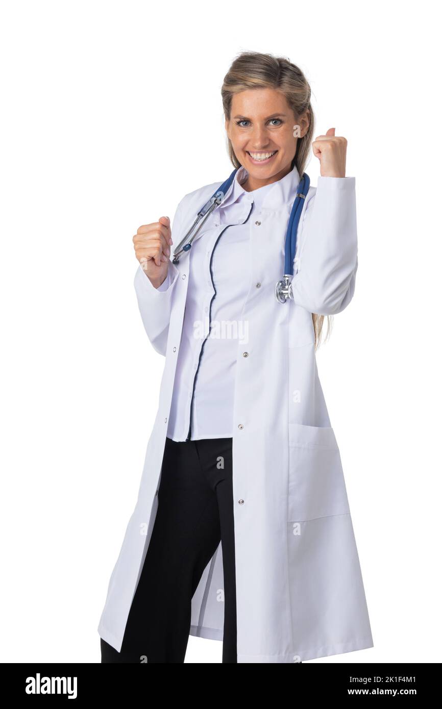 Portrait of doctor woman holding fist success sign isolated on white background Stock Photo
