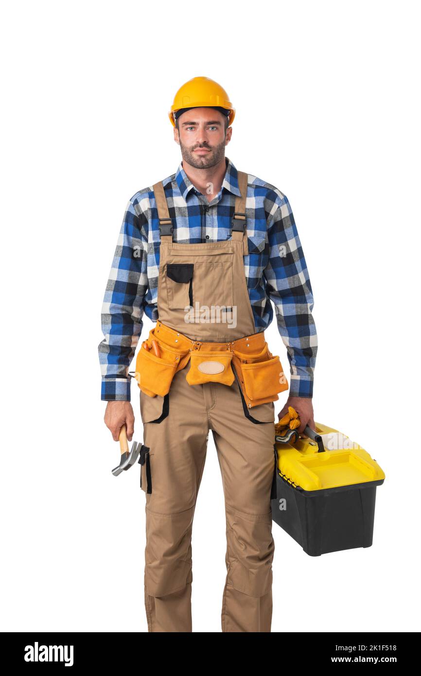 Contractor worker in coveralls and yellow hardhat with toolbox isolated on white background Stock Photo