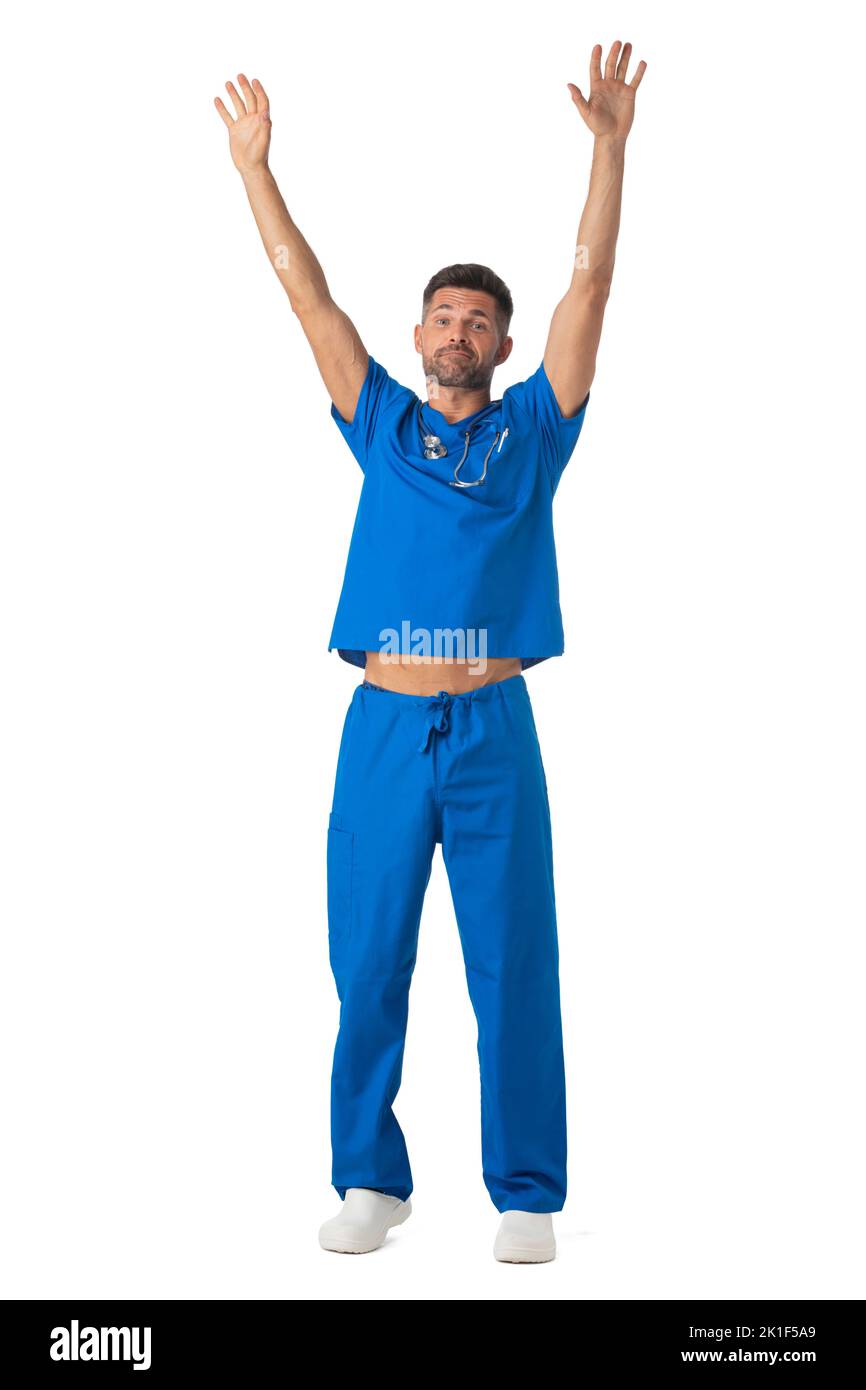 Young male medical nurse healthcare worker with raised arms isolated on white background full length studio portrait Stock Photo