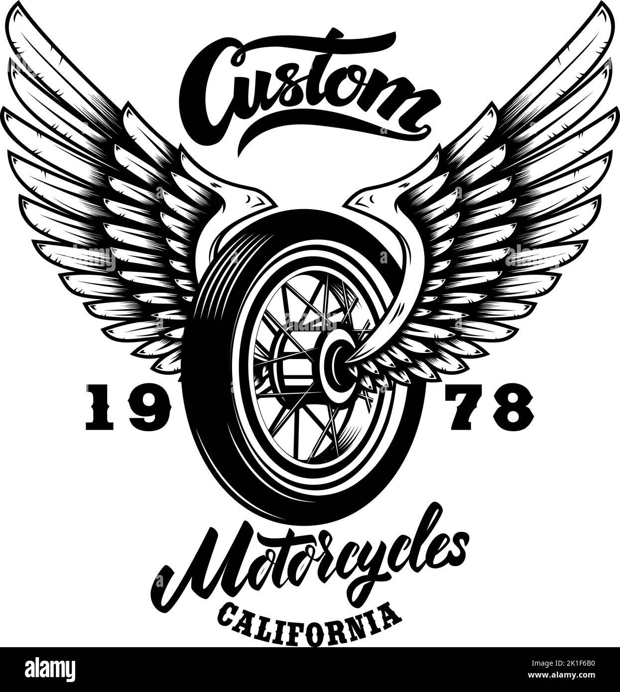 Custom motorcycles.Tshirt print template with winged wheel. Vector