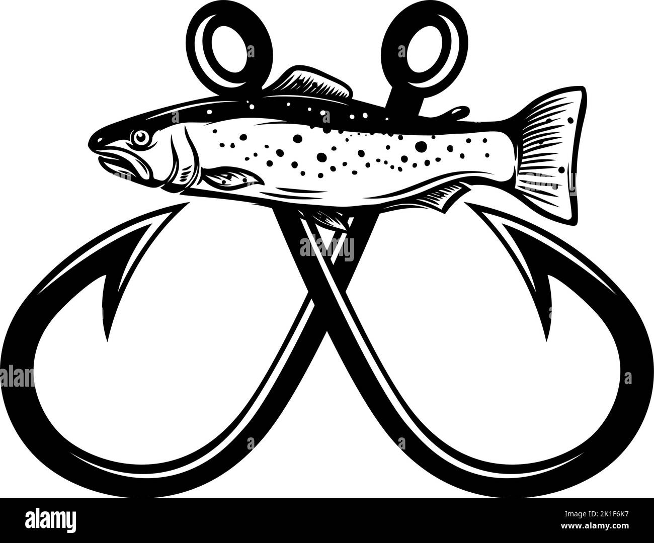 Salmon and fishing hooks. Design element for emblem, sign, badge, logo. Vector illustration Stock Vector