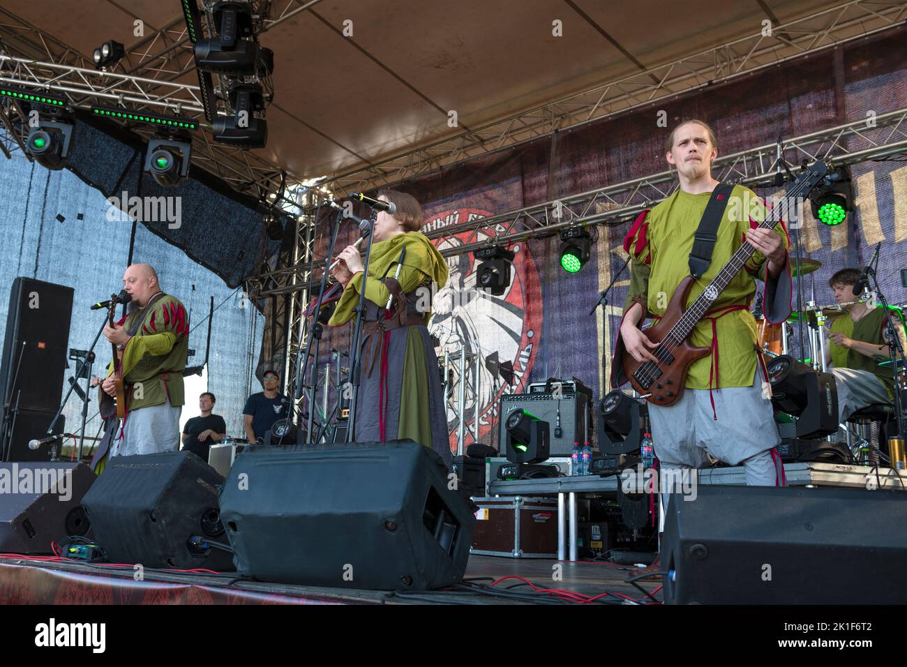 TVER REGION REGION, RUSSIA - JULY 23, 2022: Folk rock band 'Troll bends spruce' on the stage of the historical festival of 'Epic Coast - 2022' Stock Photo