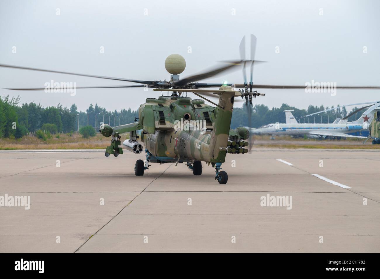 KUBINKA, RUSSIA - AUGUST 20, 2022: Helicopter Mi-28NM Night Hunter (RF-13490) before take off. Back view. Kubinka airfield Stock Photo