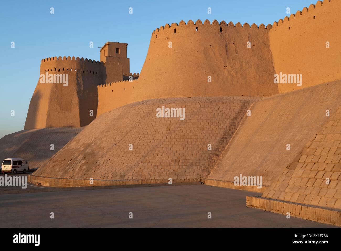 The main bastion of the ancient citadel of Kunya-Ark close-up on a sunny evening. Itchan-Kala, Khiva. Uzbekistan Stock Photo