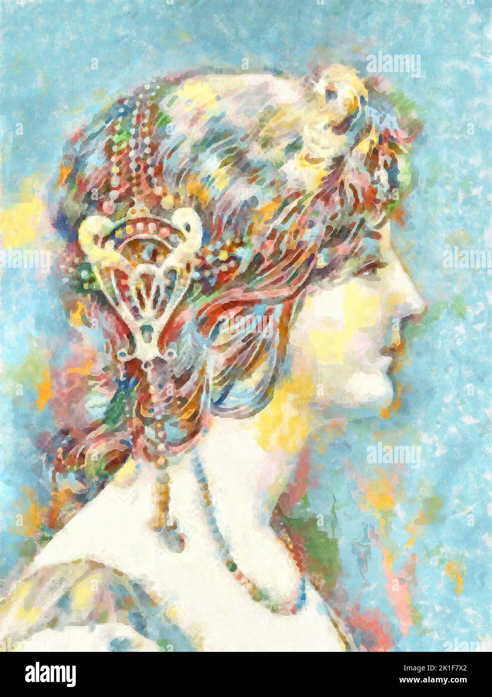 Illustrations  Portrait  Girl in profile, Alphonse Mucha ,Pop Art, Stock Photo