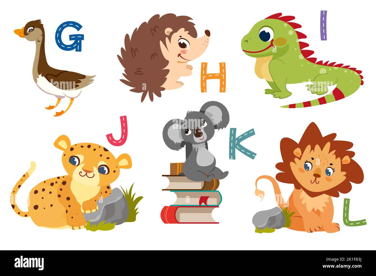 English alphabet with flat cute animals for kids education. Letters with funny animal characters from G to L. Children design set for learning to spell with cartoon zoo collection. Stock Vector