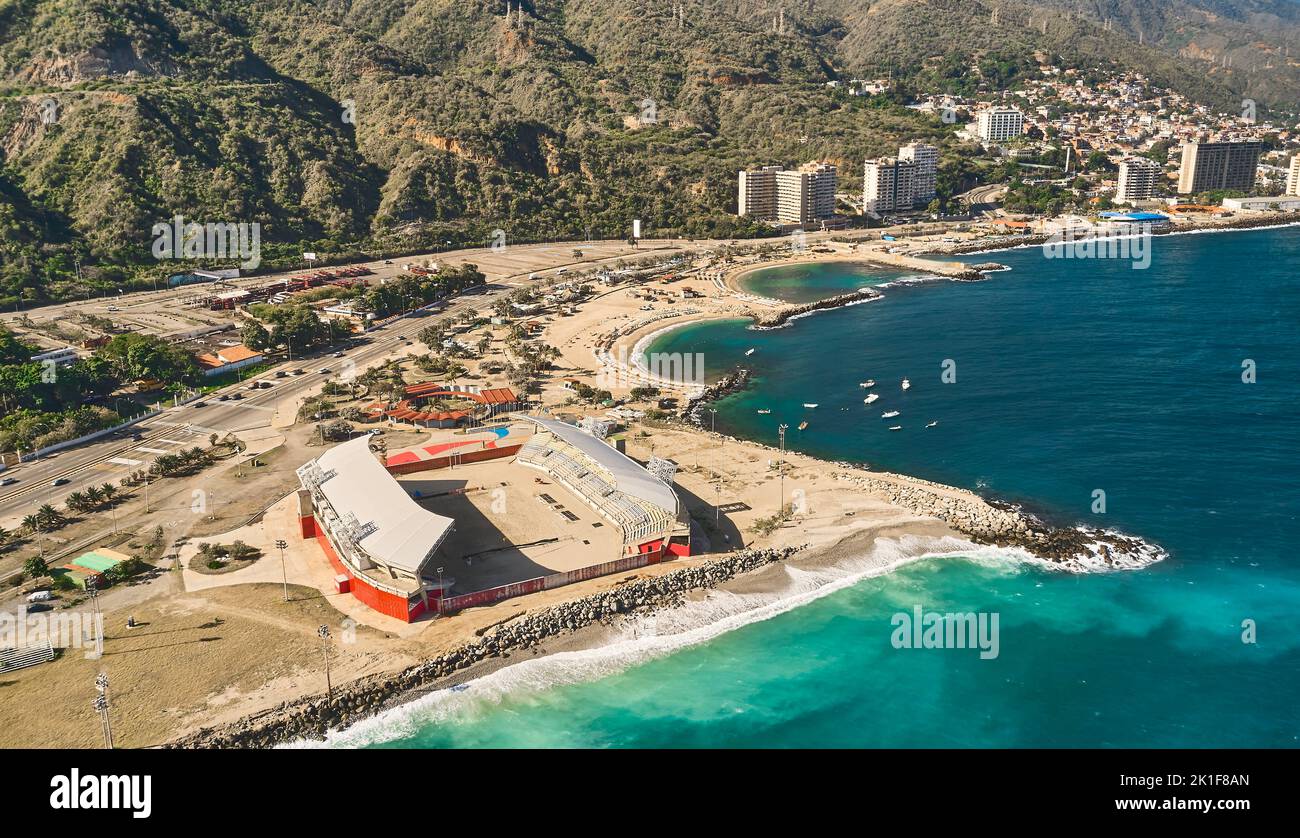 Aerial view of the stadium for beach games in La Guaira, Venezuela. Hugo Chavez Beach Coliseum Stock Photo