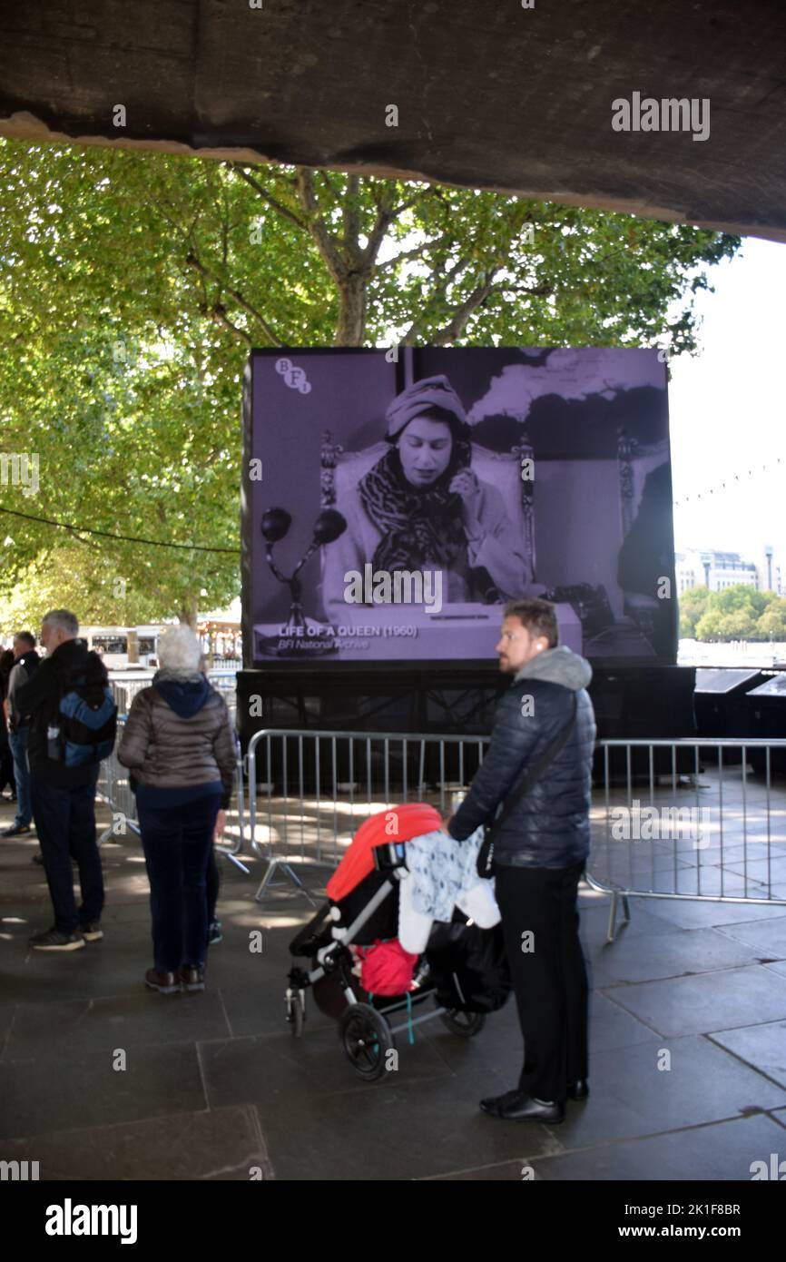 People queuing along River Thames, by BFI,  in order to view Queen Elizabeth II's coffin, London UK Sep 2022 Stock Photo