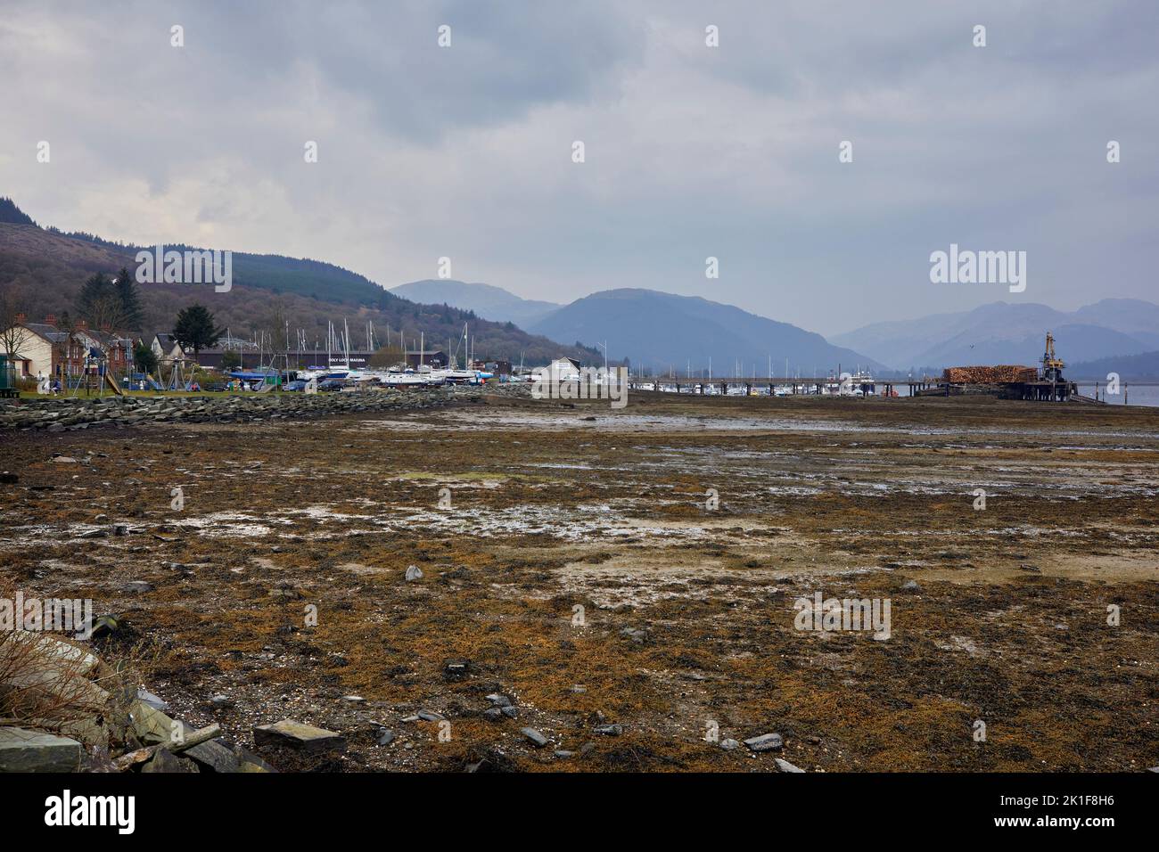 On a hazy late afternoon, yachts are stored the Dunoon marina by the Holy Loch. Argyll and Bute Stock Photo