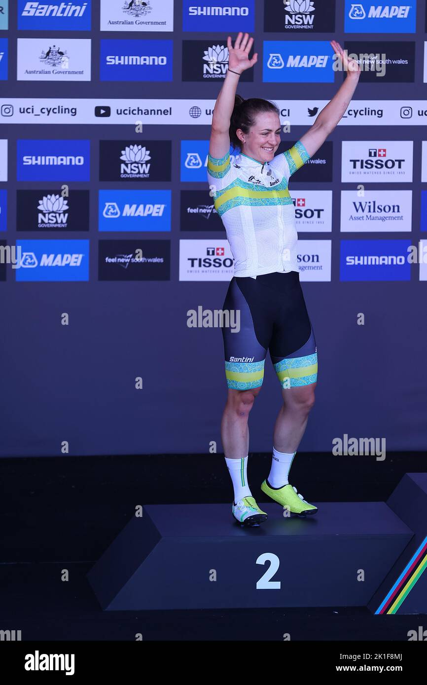 Wollongong, Illawarra, South, UK. 18th Sep, 2022. Australia: UCI World Road Cycling Championships, Women's Time Trials: Grace Brown of Australia acknowledges the applause of the crowd, following her second place in the race Credit: BSR Agency/Alamy Live News Stock Photo