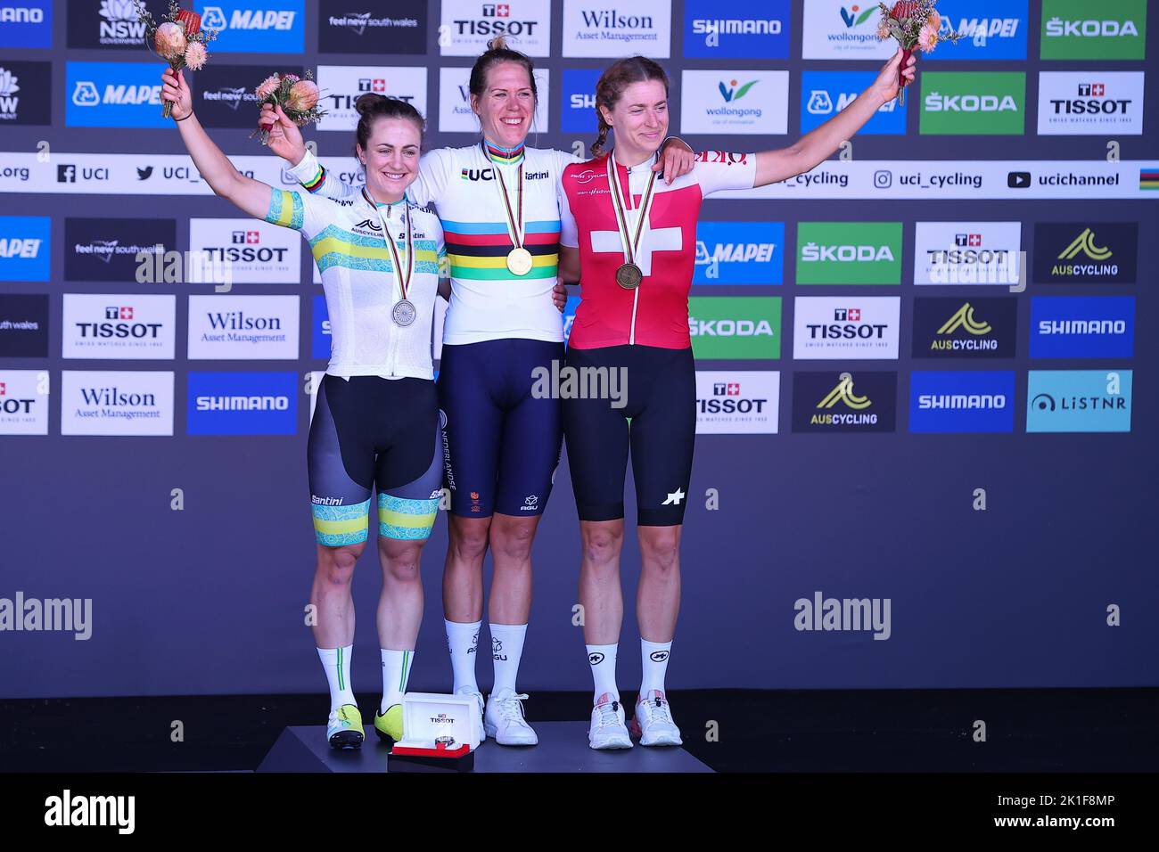 Wollongong, Illawarra, South, UK. 18th Sep, 2022. Australia: UCI World Road Cycling Championships, Women's Time Trials: Medal winners, Ellen Van Dijk of the Netherlands, Grace Brown of Australia and Marlen Reusser of Switzerland take the applause from the crowd Credit: BSR Agency/Alamy Live News Stock Photo