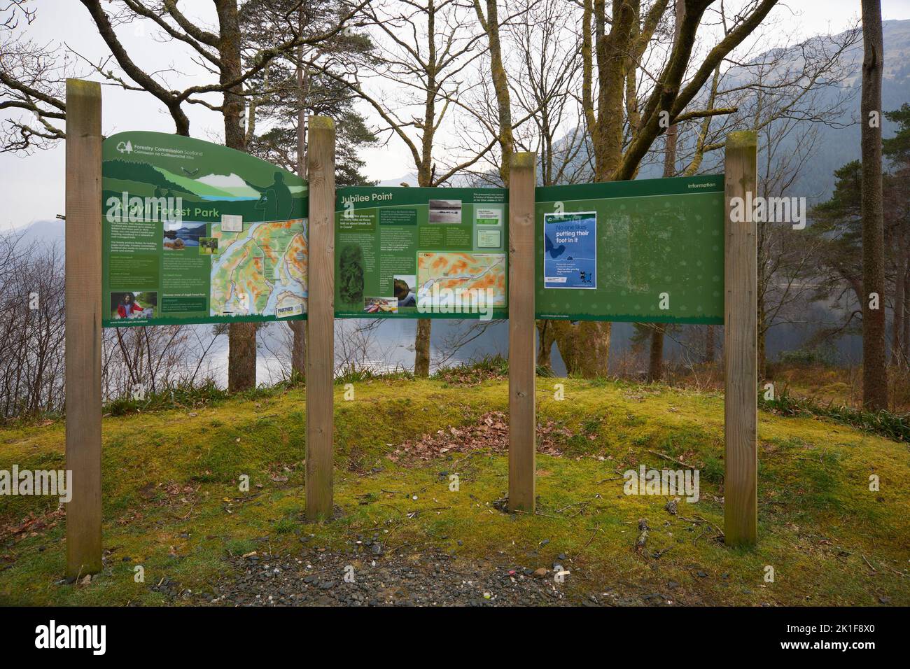 Information  board at Jubilee Point by Loch Eck in the Argyll Forest Park Stock Photo