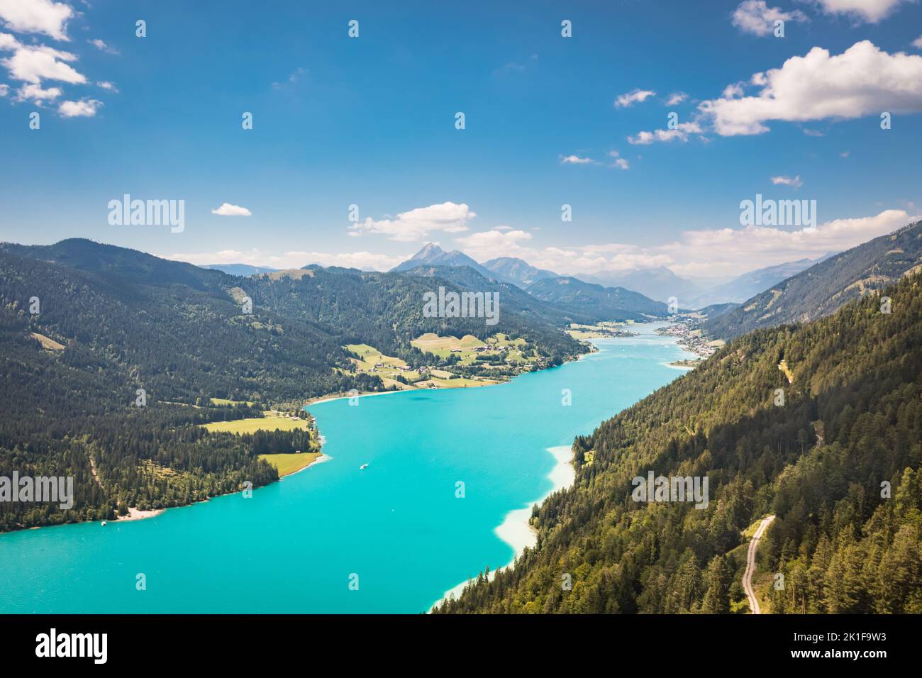 Weissensee in the Kärnten region. Aerial view to the famous lake in the South of Austria during summer. Stock Photo