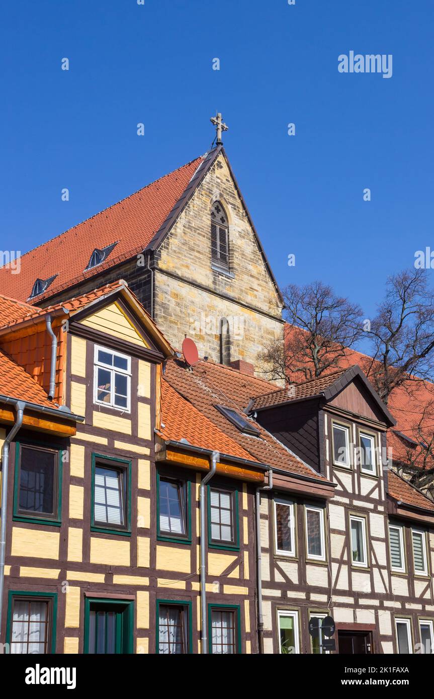 Half timbered houses and church tower in Helmstedt, Germany Stock Photo