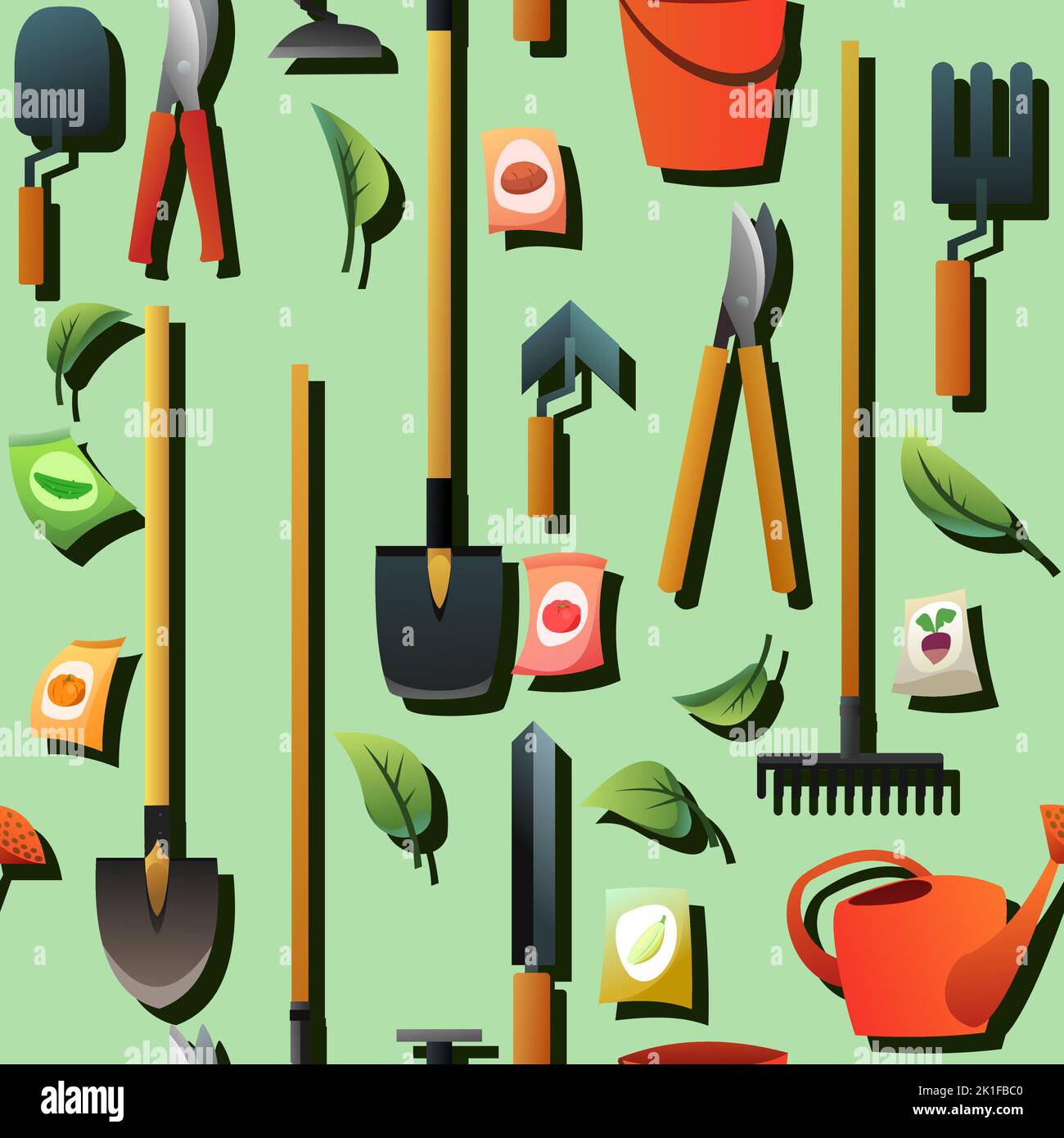 Agricultural rural garden tool. Seamless Green pattern. Shovels rakes and hoes. Packets of