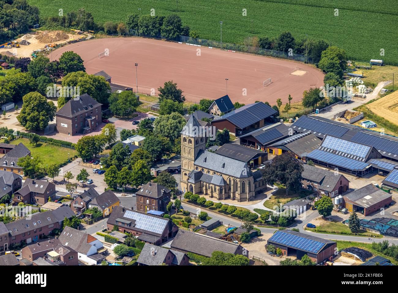 Aerial view, church St. Mary's Assumption, village school, Ginderich