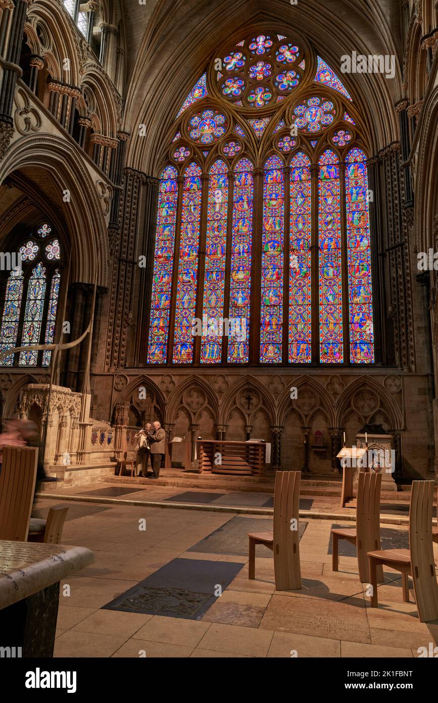 The east end stained glass window at the medieval religious cathedral in Lincoln, England. Stock Photo