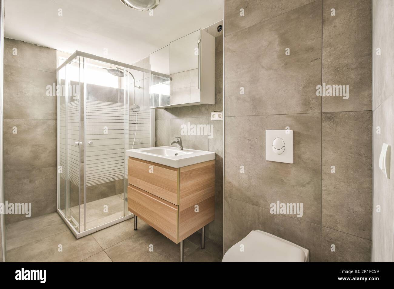 Glass partition between shower tap and wall hung toilet in modern