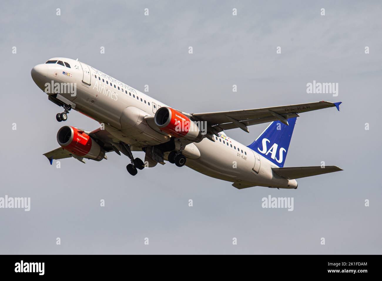 A closeup of SAS Scandinavian Airlines Airbus A320-232 departing at Edinburgh Airport, Scotland Stock Photo
