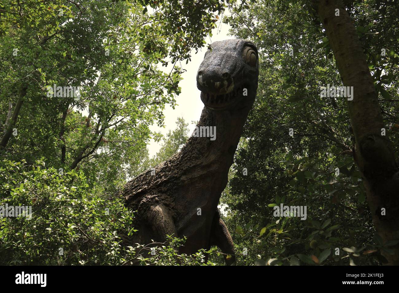 Ajaltoun, Lebanon August 14, 2022. Satue of a Trex dinosaur in the