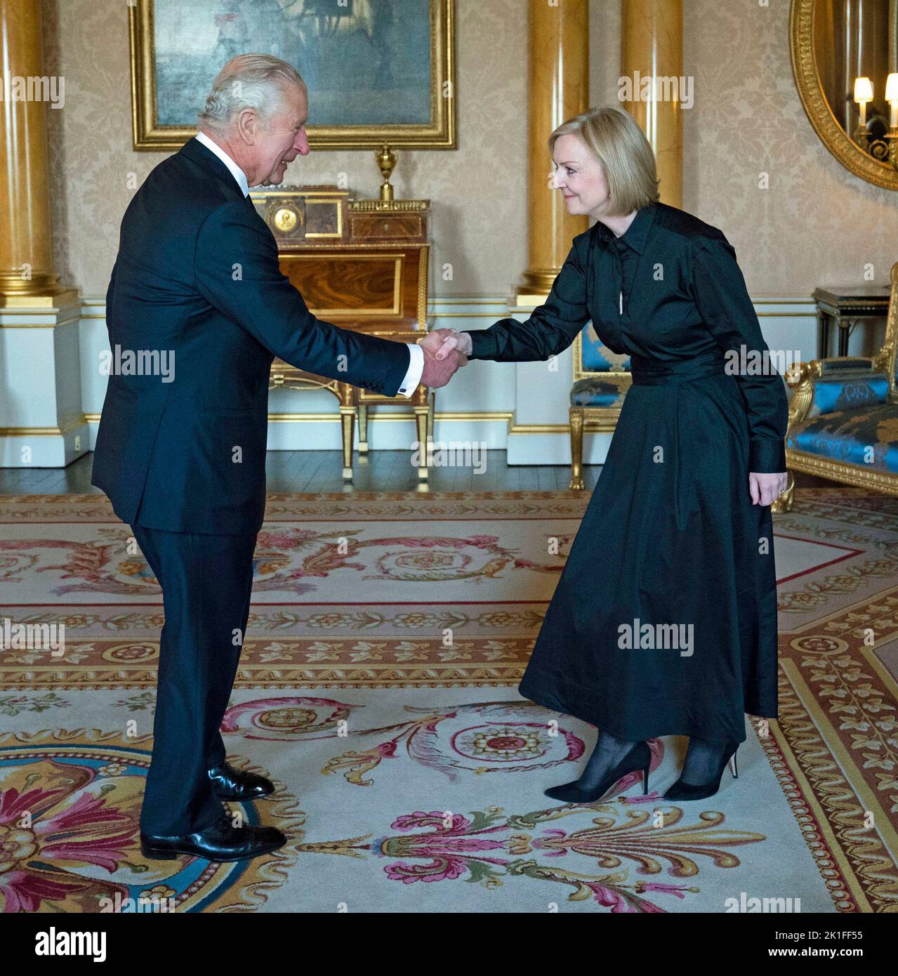 King Charles III receives Prime Minister Liz Truss in the 1844 Room at Buckingham Palace in London. Picture date: Sunday September 18, 2022. Stock Photo