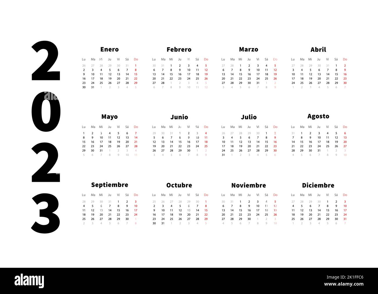 2023 year simple horizontal calendar in spanish language, typographic calendar isolated on white Stock Vector