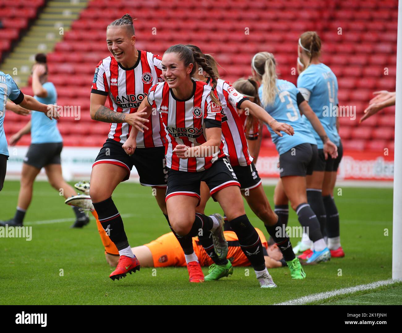 Sheffield, England, 18th September 2022.  Grace Riglar of Sheffield Utd turns to celebrate scoring the first goal during the The FA Women's Championship match at Bramall Lane, Sheffield. Picture credit should read: Simon Bellis / Sportimage Stock Photo