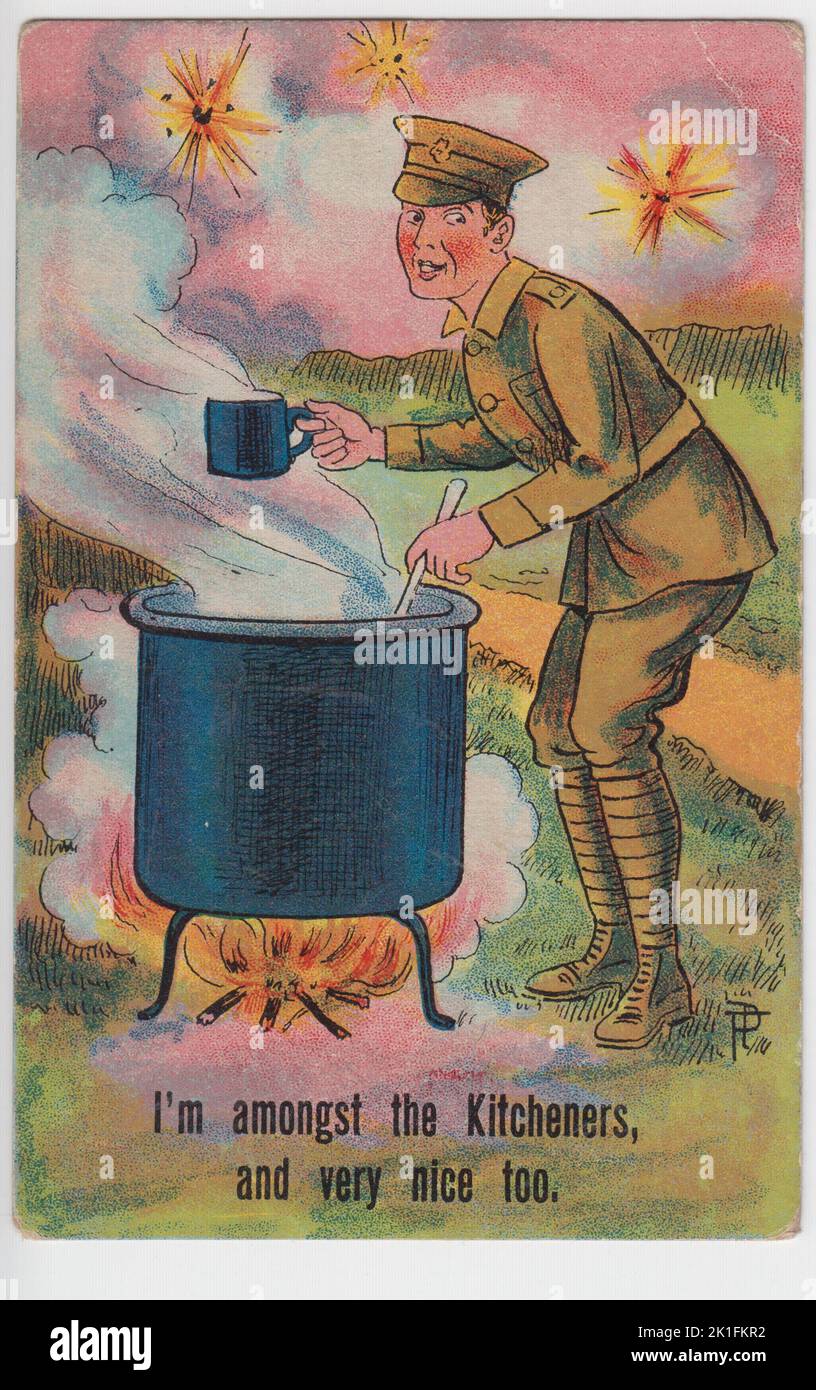 'I'm amongst the Kitcheners, and very nice too': cartoon of a First World War soldier in khaki uniform stirring the contents of a big cooking pot, with a mug in one hand. Shells are exploding in the background. 'Kitchener's Army' or 'Kitchener's Mob' were the volunteer soldiers who enlisted at the start of WW1, named after Lord Kitchener, Secretary of State for War in 1914-1916 Stock Photo