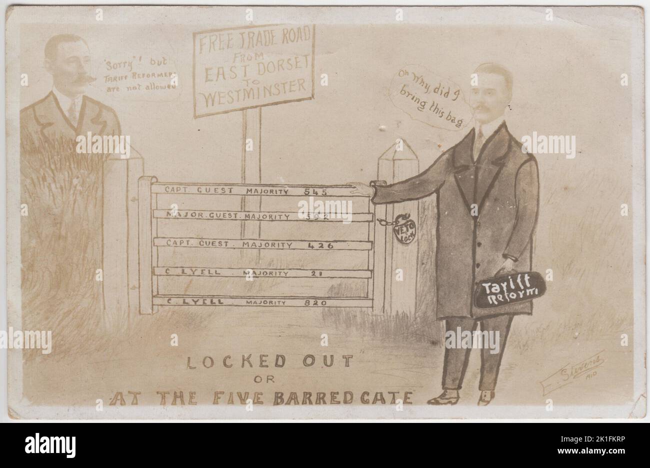'Locked Out, or at the Five Barred Gate': cartoon about the December 1910 parliamentary election for East Dorset constituency. The cartoon shows Frederick Guest, successful Liberal Party candidate, standing behind a 5 bar gate on which the names & majorities of successful Liberal candidates (Charles Lyell, Frederick Guest & Henry Guest) between 1904-1910 have been written. Losing Conservative candidate, Maurice George Carr Glyn, has been locked out by a 'Veto lock' & is clutching a bag marked 'Tariff Reform'. A notice saying 'Free Trade Road from East Dorset to Westminster' is behind the gate Stock Photo