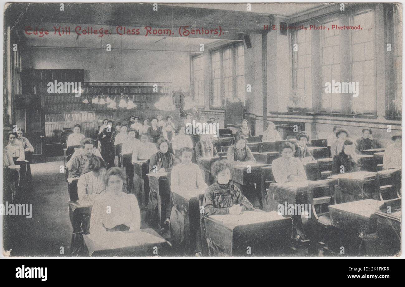 Edge Hill College Class Room (Seniors). Edge Hill College opened in 1885 on Durning Road, Edge Hill, Liverpool. It was the first non-denominational teacher training college for women in England. This postcard shows young women seated at their desks in a classroom and was sent from Liverpool in 1905 Stock Photo