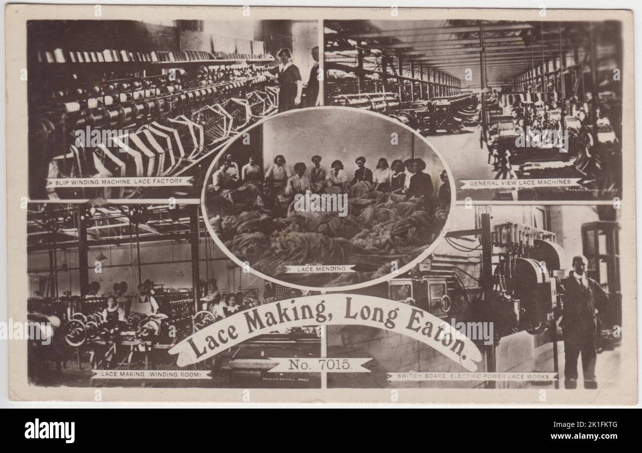 Lace making, Long Eaton, Derbyshire: postcard containing 5 views of a lacemaking factory, including the slip winding machine, a general view of lace machines, the winding room, the electrical switch board and women working on lace mending. The postcard was sent from Nottingham in 1919 Stock Photo