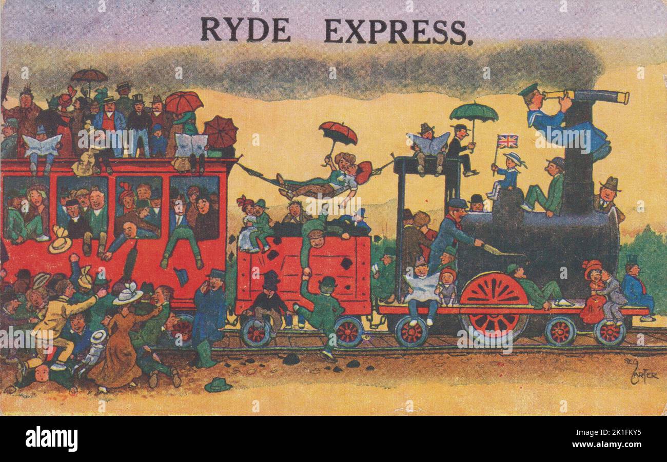 'Ryde Express', Isle of Wight: cartoon by Reg Carter, showing an elderly steam train with packed railway carriages. Passengers are shown sitting on the engine, the carriage roof and fighting to get on. The postcard was sent in 1928 Stock Photo