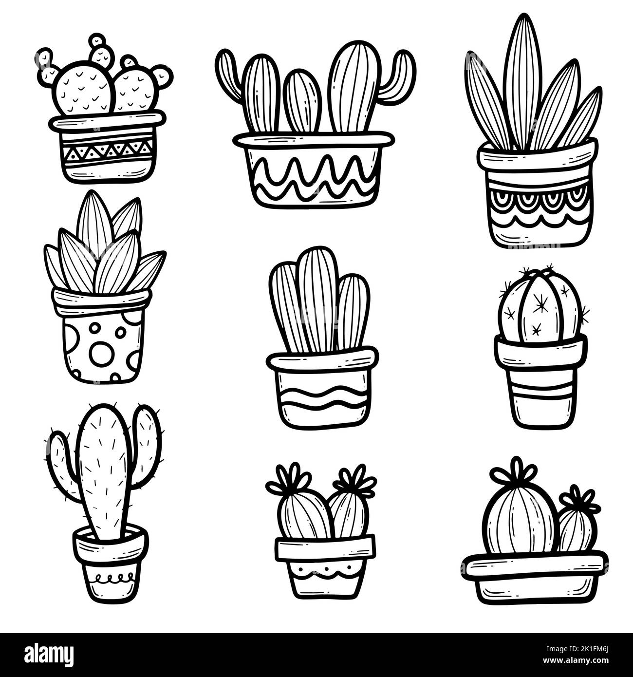 Set of Cute hand drawn vector cactuses in the pots. Simplere vector ...