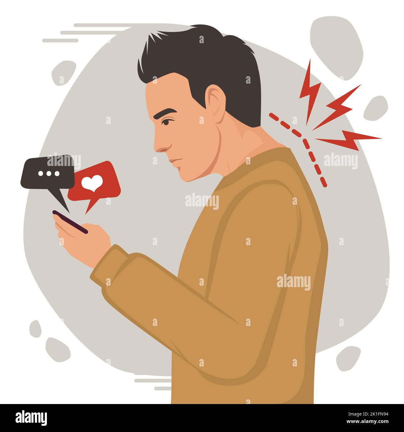 Posture man vector illustration, incorrect head angle using phone, bad