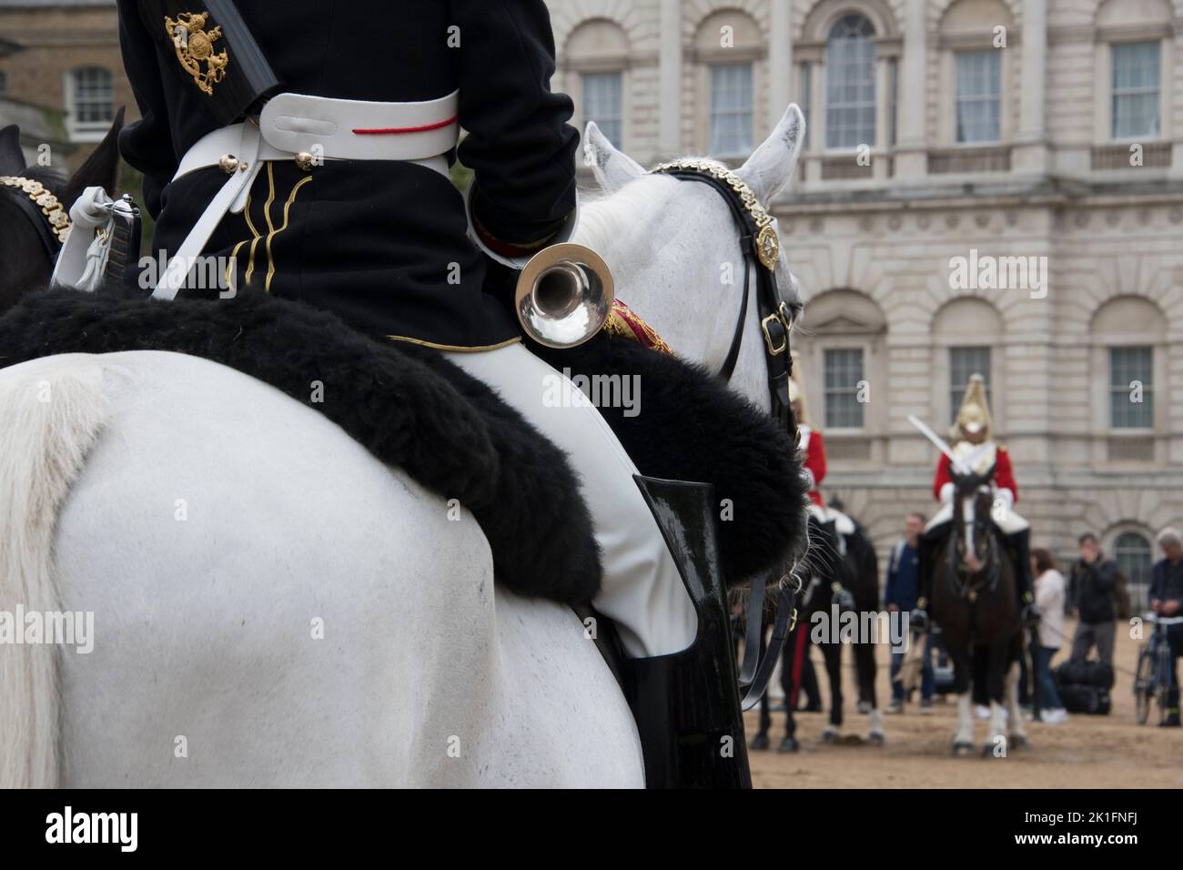 Policemen on horses prepare to for the funerals of the Queen on the 19th October 2022 in London Stock Photo