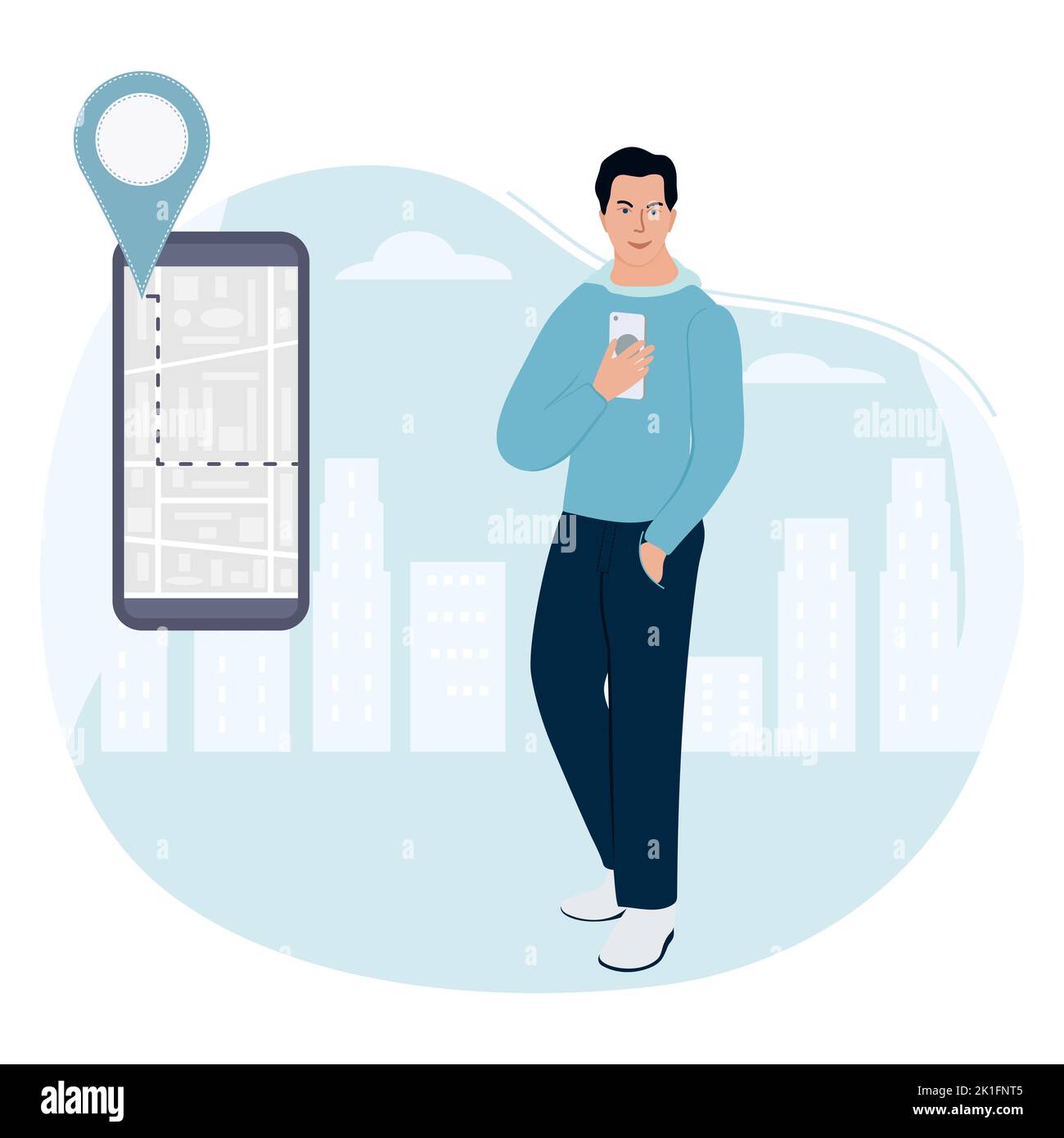 Vector illustration Man using maps app on cell phone. Male trying to navigate terrain, building 