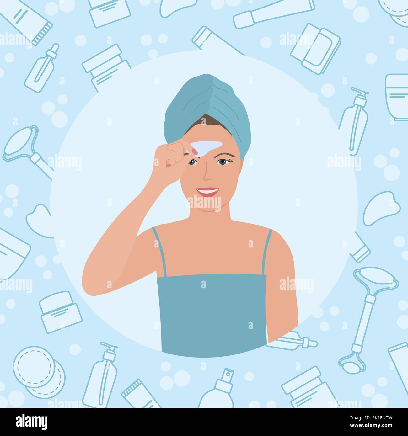 Vector illustration Beauty Routine procedures at home. Woman does