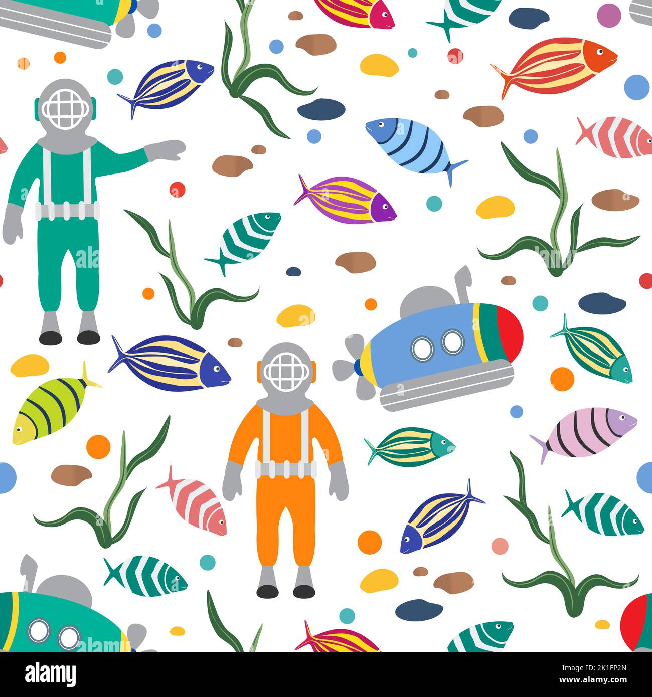 Vector seamless pattern Illustration with diver in an old diving suit ...